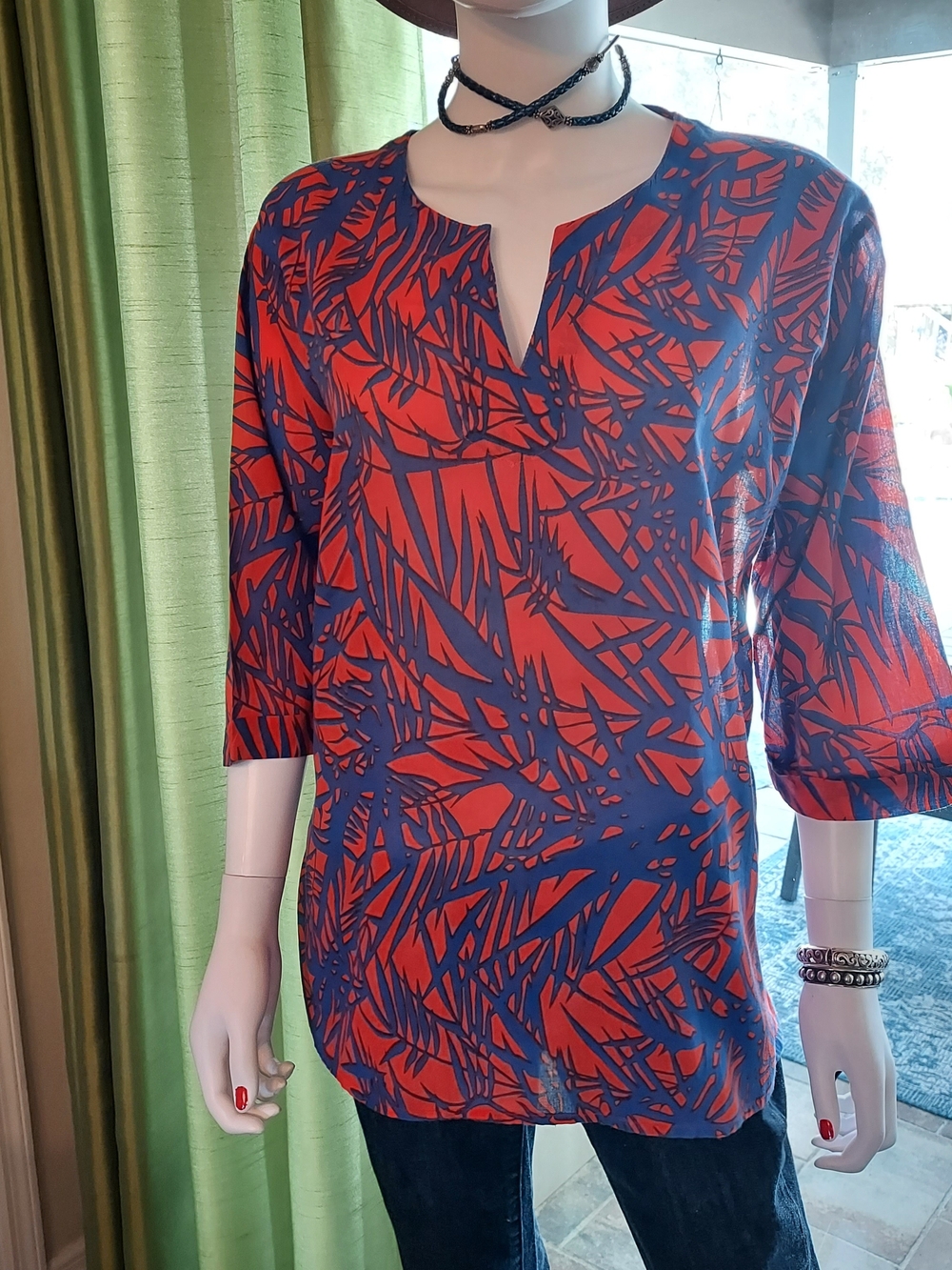 Women's Burnt Orange & Blue  Split-Neck Print Tunic in Light India Cotton. Sz.L